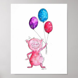 Whimsisk Rosa Gris med ballonger Poster