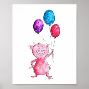 Whimsisk Rosa Gris med ballonger Poster
