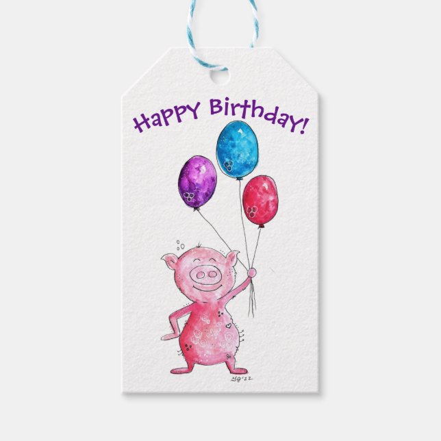 Whimsisk Rosa Gris med ballonger Presentetikett (Framsidan)