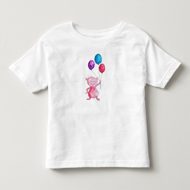 Whimsisk Rosa Gris med ballonger T Shirt (Framsida)