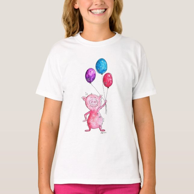 Whimsisk Rosa Gris med ballonger T Shirt (Framsida)