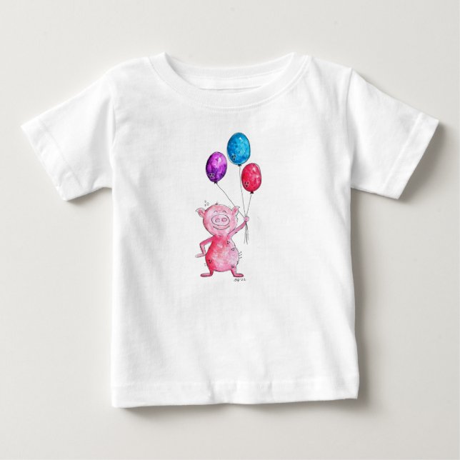 Whimsisk Rosa Gris med ballonger T Shirt (Framsida)
