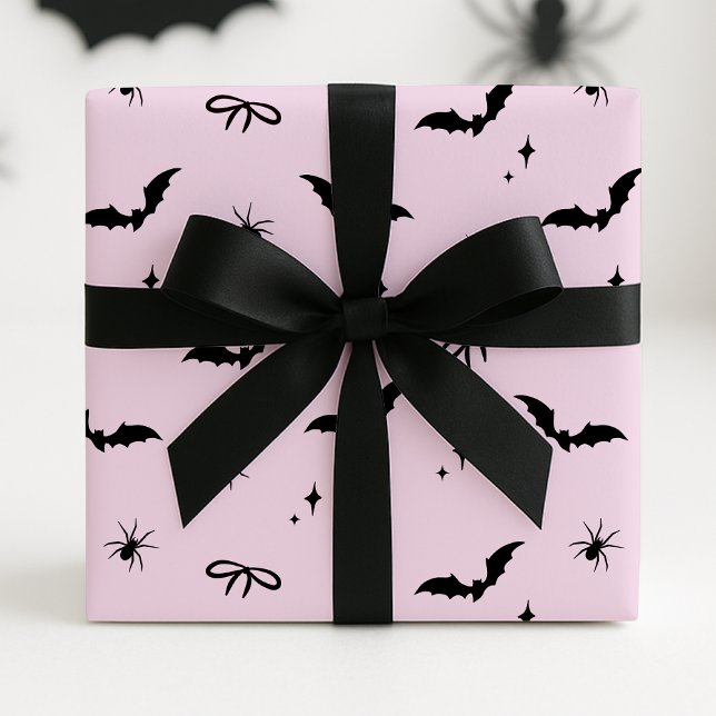 Whimsisk Rosa Halloween Fladdermus, Spiders & Bows Presentpapper (Skapare uppladdad)