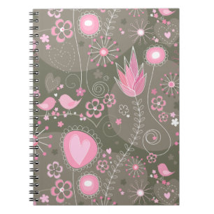 Whimsisk Rosa och Grått Hearts, fåglar och blommor Anteckningsbok Med Spiral