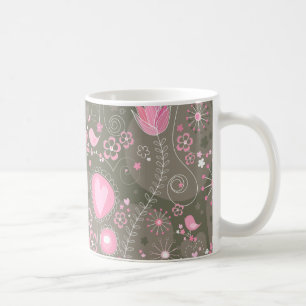 Whimsisk Rosa och Grått Hearts, fåglar och blommor Kaffemugg