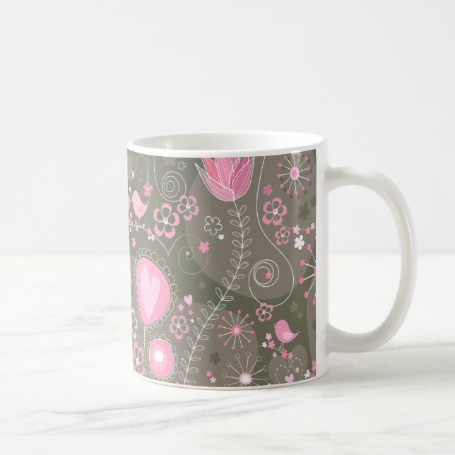 Whimsisk Rosa och Grått Hearts, fåglar och blommor Kaffemugg (Höger)