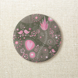 Whimsisk Rosa och Grått Hearts, fåglar och blommor Knapp