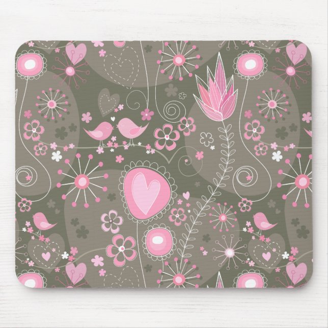 Whimsisk Rosa och Grått Hearts, fåglar och blommor Musmatta (Framsidan)