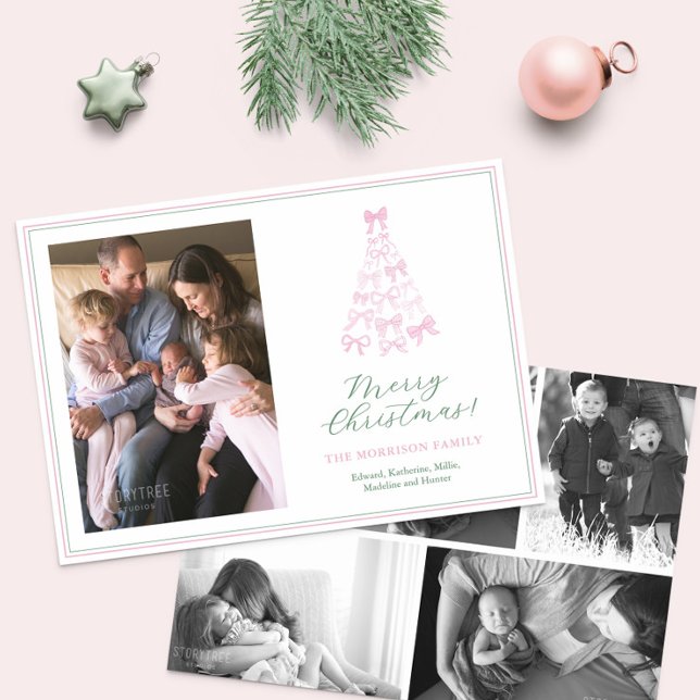 Whimsisk Rosa och Grönt Bows God jul Photo Julkort (Modern Preppy whimsical pink and green bows Christmas Tree Photo collage Holidays Card)