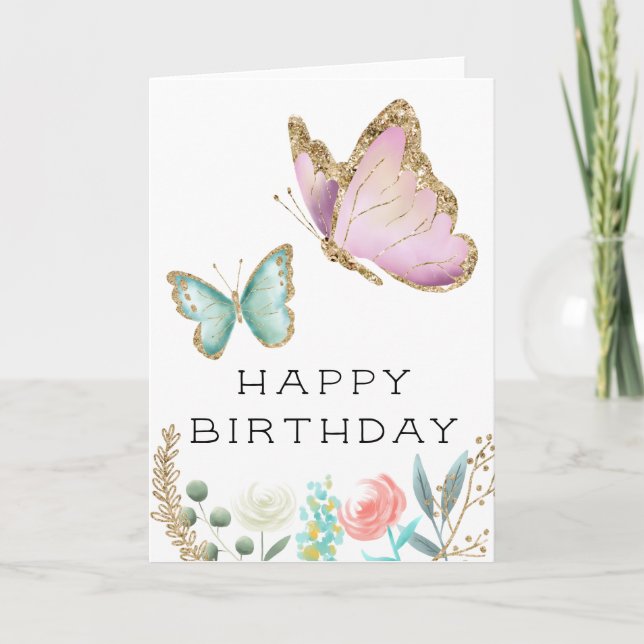 Whimsisk Rosa och Mint Butterfly Birthday Kort (Framsida)