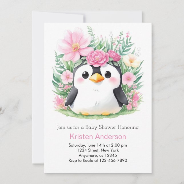 Whimsisk Rosa Penguin Paradise Baby Shower Inbjudningar (Framsida)
