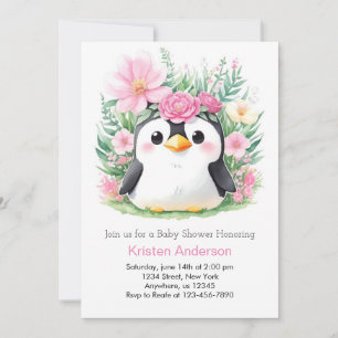 Whimsisk Rosa Penguin Paradise Baby Shower Inbjudningar