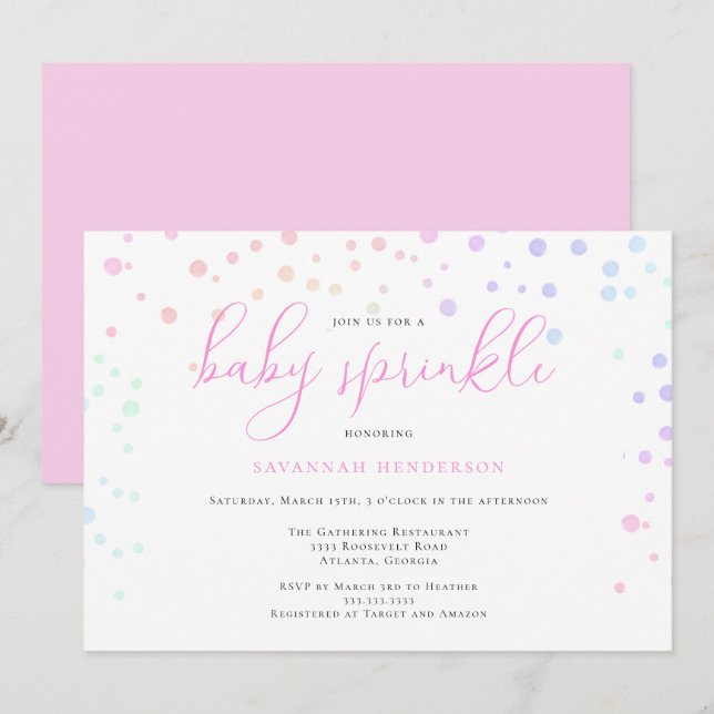 Whimsisk Rosa Watercolor Confetti Baby Sprinkle Inbjudningar (Fram/baksida)
