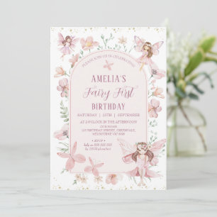Whimsisk Rosa Wildblommor Fairy First Birthday Inbjudningar