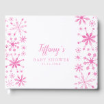 Whimsisk Rosa Winter Wonderland Baby Shower Gästböcker<br><div class="desc">Vinterklotet babyduschgäst bok med rosa vattenfärg glitter snöflingor. Anpassa den här produkten genom att lägga till namn och händelsemedatum för mamma till. Underbar utformning för flicka.</div>