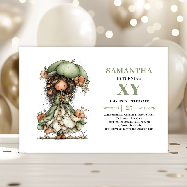 Whimsisk Sagoblomma Inbjudan till Födelsedagsfiran (Whimsical Fairy Girl Birthday Sage Floral Invitation)
