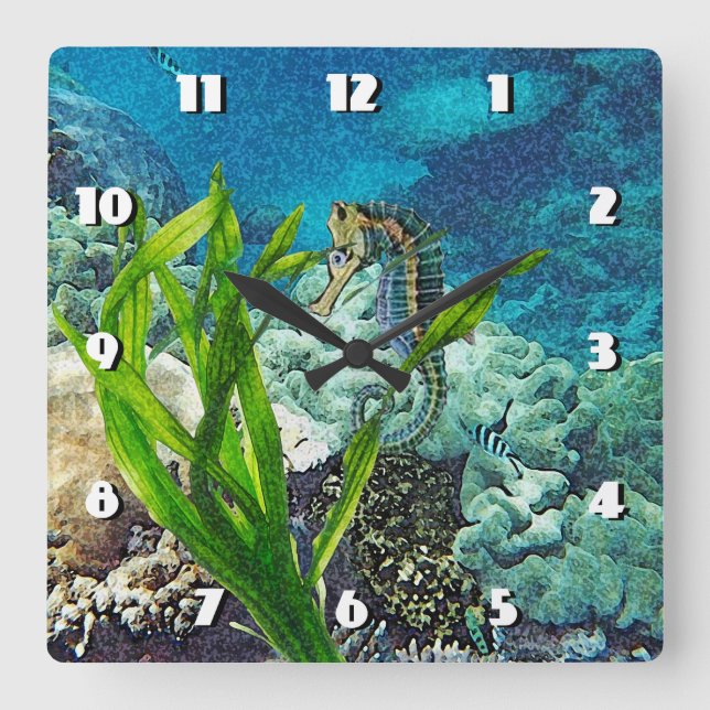 Whimsisk sjöhäst fyrkantig klocka (Framsida)