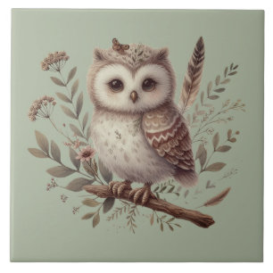 Whimsisk skogsuggla botanisk illustration kakelplatta
