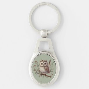 Whimsisk skogsuggla botanisk illustration ovalt silverfärgad nyckelring