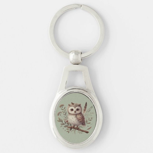 Whimsisk skogsuggla botanisk illustration ovalt silverfärgad nyckelring (Framsidan)