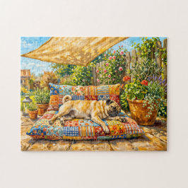 Whimsisk sommarterrass Mops Hund Illustration Pussel