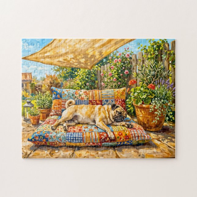 Whimsisk sommarterrass Mops Hund Illustration Pussel (Horisontell)