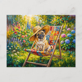 Whimsisk sommarträdgård Mops Hund Illustration Helg Vykort
