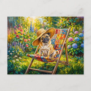 Whimsisk sommarträdgård Mops Hund Illustration Helg Vykort
