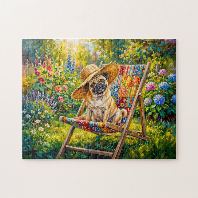 Whimsisk sommarträdgård Mops Hund Illustration Pussel (Horisontell)