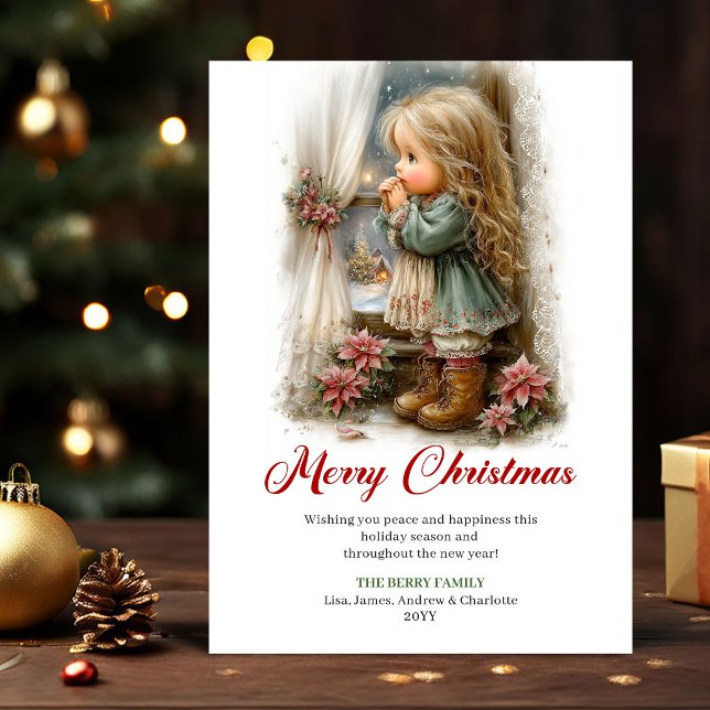 Whimsisk Söt Liten Flickas Vinterscen Hälsning Julkort (Whimsical Cute Little Girl Winter Scene Greeting

)