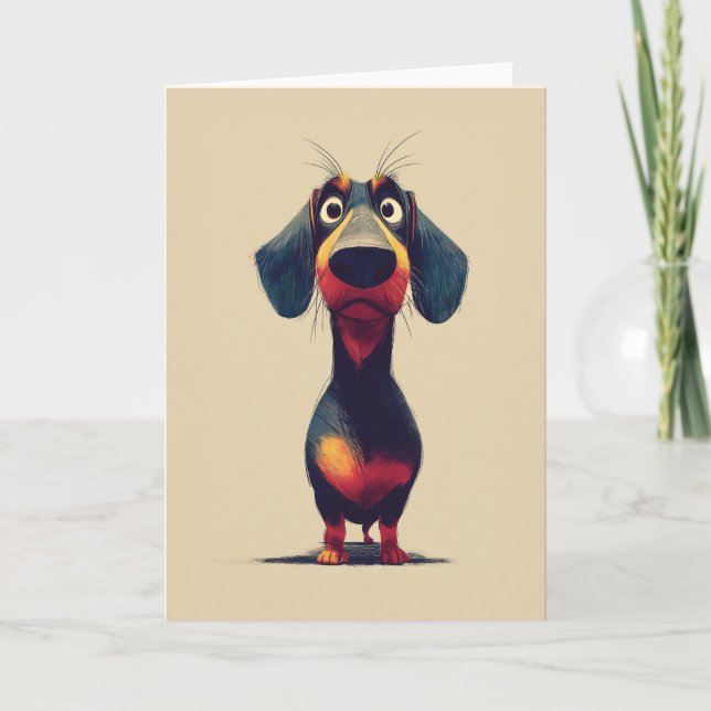 Whimsisk Tecknad Illustration av Dachshund Karaktä Kort (Framsida)