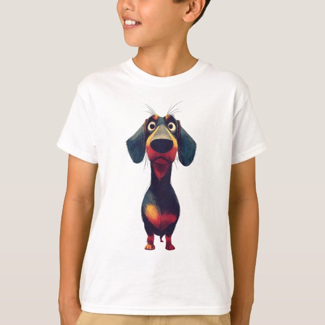 Whimsisk Tecknad Illustration av Dachshund Karaktä T Shirt (Framsida)