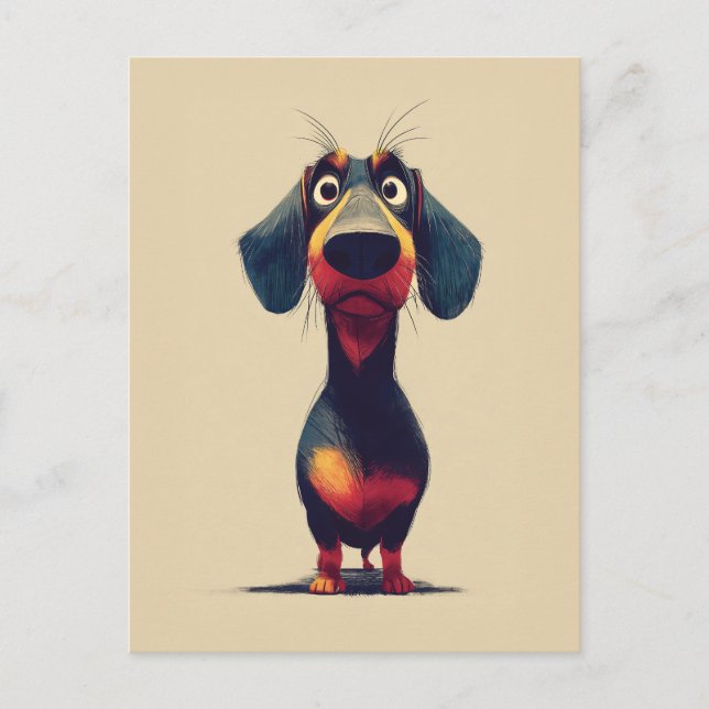 Whimsisk Tecknad Illustration av Dachshund Karaktä Vykort (Framsida)
