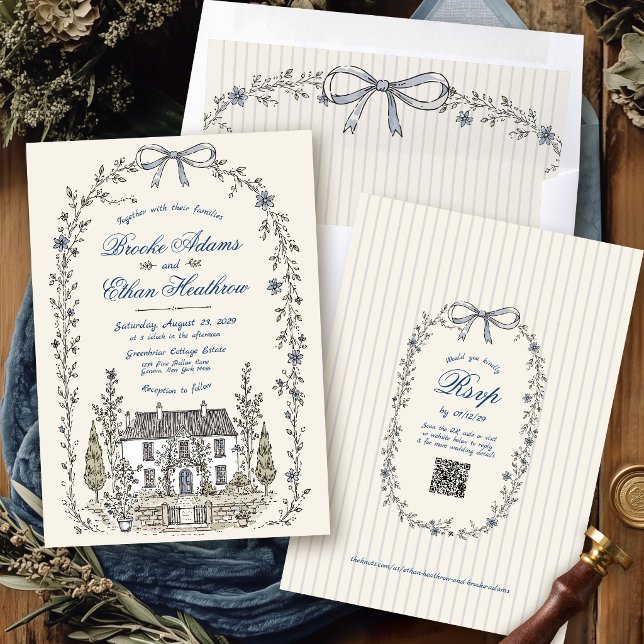 Whimsisk trädgårds blomsterkrans slinga bröllop inbjudningar (Whimsical cottage garden hand Drawn manor floral wreath bow stripes QR code rsvp wedding invitation)