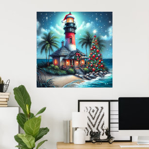 Whimsisk tropisk jul fyr teal röd poster