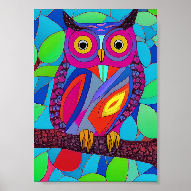 Whimsisk Uggla med färgstarka fjädrar Poster (Framsidan)