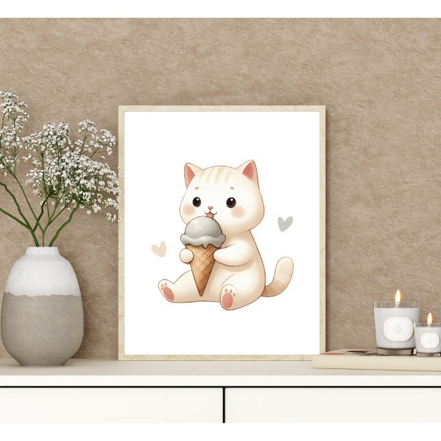 Whimsisk vattenfärg Kitten med iskräm Cone Poster (Skapare uppladdad)