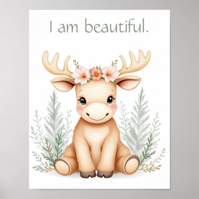 Whimsisk vattenfärg Nursery Blommigt Baby Moose Poster (Framsidan)