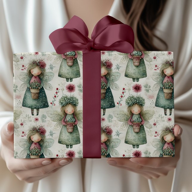 Whimsisk Vintage Julängel & Blommor  Presentpapper (Skapare uppladdad)