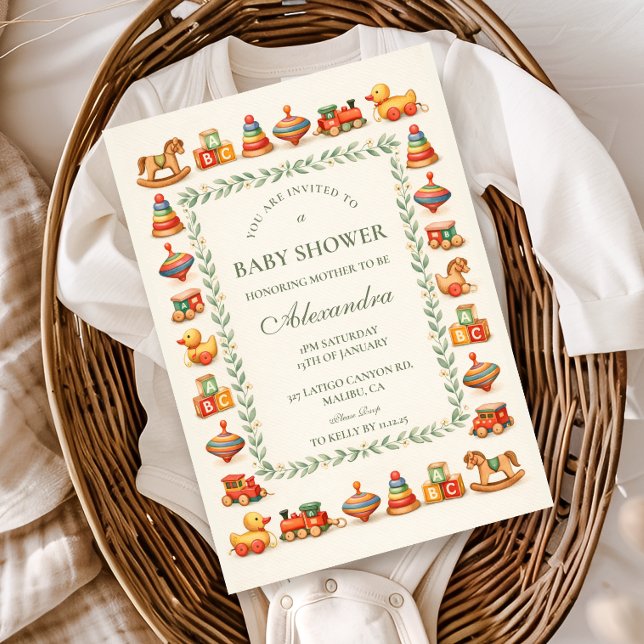 Whimsisk Vintage Leksak Bebis Shower Inbjudningar (Skapare uppladdad)