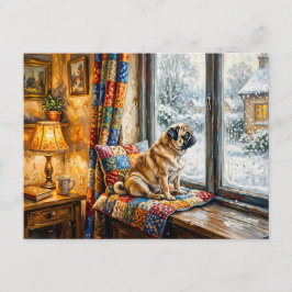 Whimsisk vinterfönsterbänk Mops Illustration Vykort