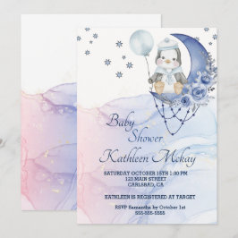 Whimsisk Wonderland Blue Penguin Baby duschboy Inbjudningar