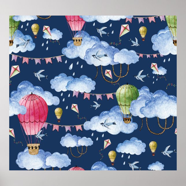 Whimsiska ballonger: Watercolor Cloud Mönster Poster (Framsidan)