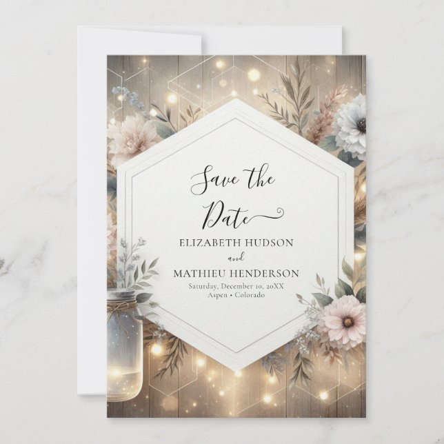 Whimsiska Blommigtar Mason Burk Bröllop Spara Datumet (Framsida)