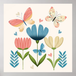 Whimsiska blommor och fjärilar poster