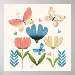 Whimsiska blommor och fjärilar poster