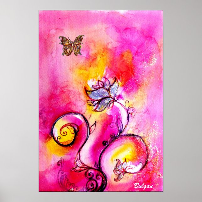 WHIMSISKA FLÖDEN OCH BUTTERFLIES rosa gult blå Poster (Framsidan)