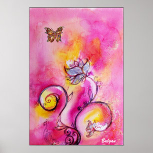 WHIMSISKA FLÖDEN OCH BUTTERFLIES rosa gult blå Poster