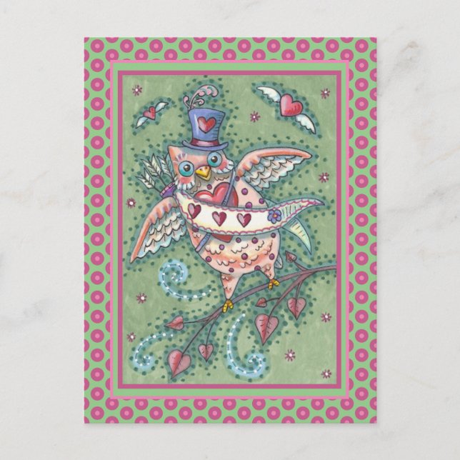 WHIMSISKA HOOTS N' HEARTS CUPID UGGLA VALENTINE HELG VYKORT (Framsida)