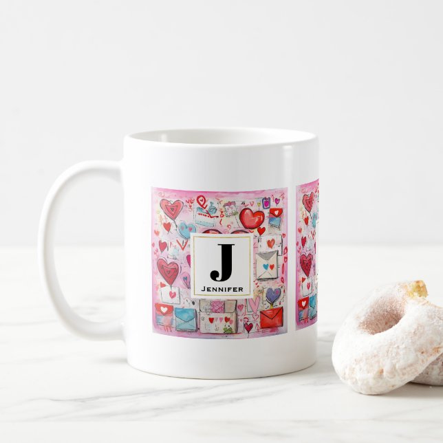 Whimsiska örter och Kärlek Brev Mönster Monogram Kaffemugg (Med munk)